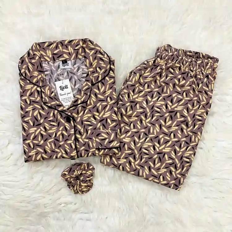 LIGHT BROWN PRINTED PJ SET