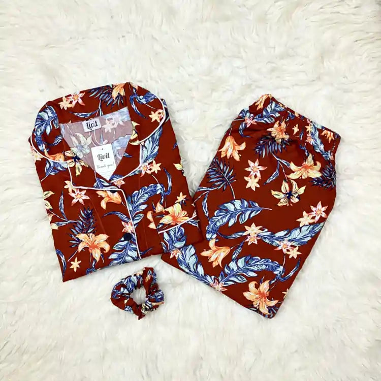 BROWN PRINTED PJ SET
