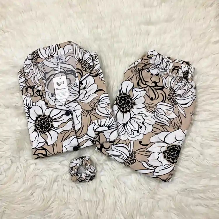 LIGHT BROWN PRINTED PJ SET