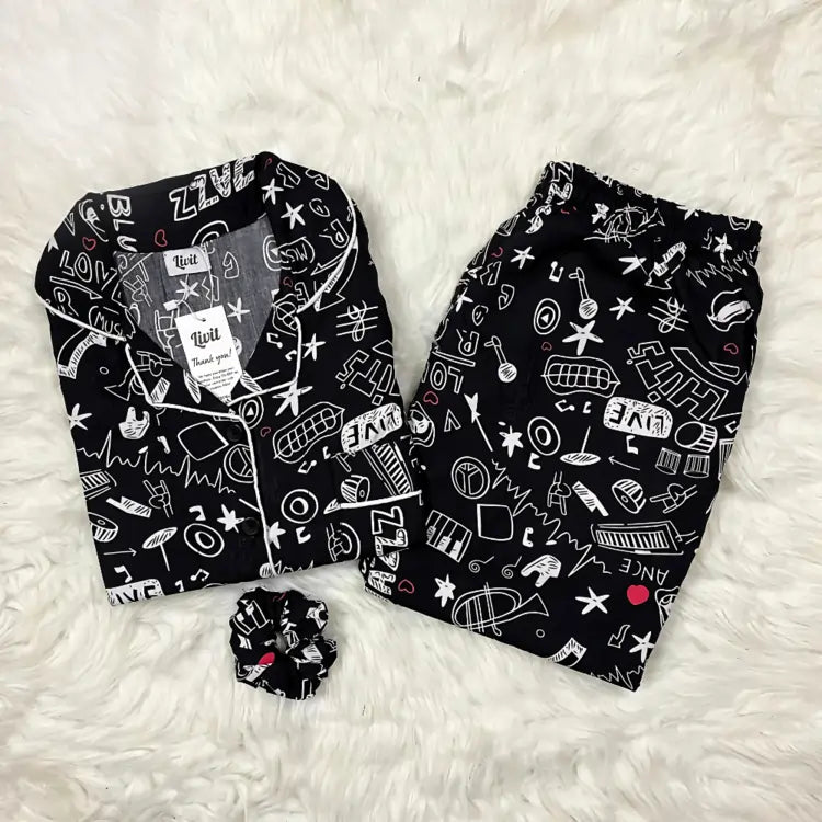 BLACK PRINTED PJ SET