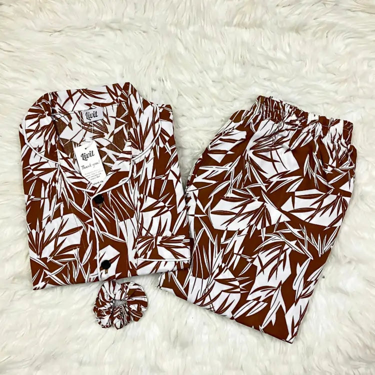 BROWN PRINTED PJ SET