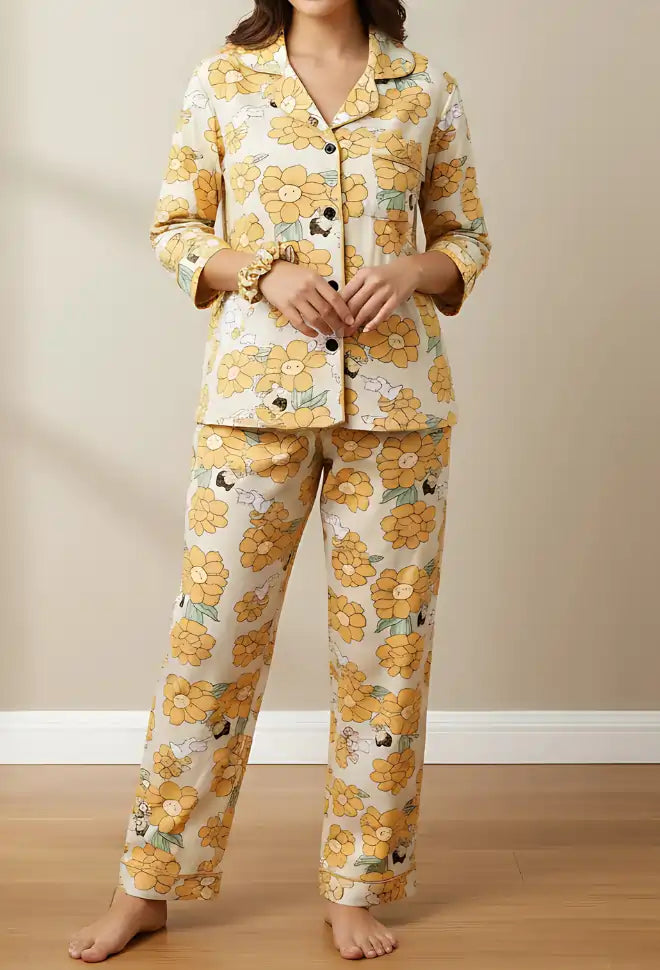 LIGHT BEIGE PRINTED PJ SET