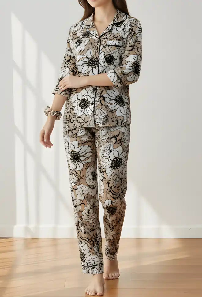 LIGHT BROWN PRINTED PJ SET